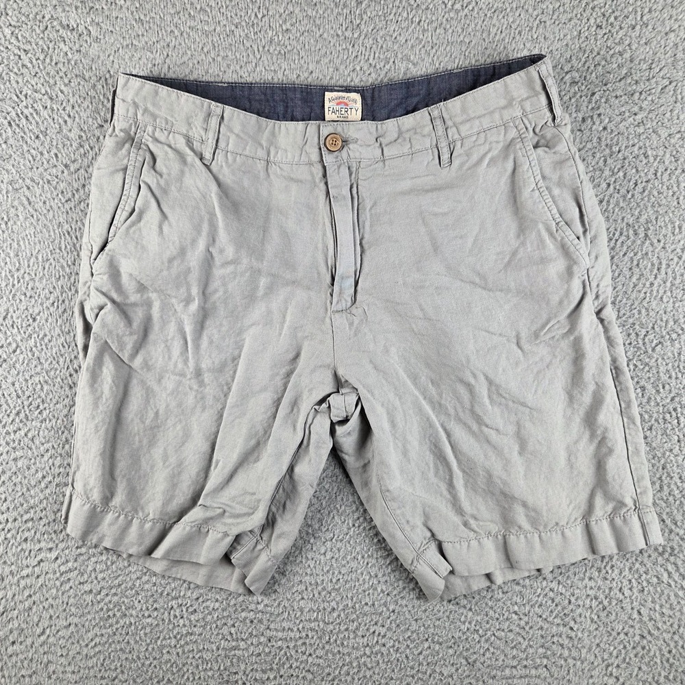 Faherty Linen Malibu Shorts Mens 32 Gray Casual Cotton Blend 9" Chino